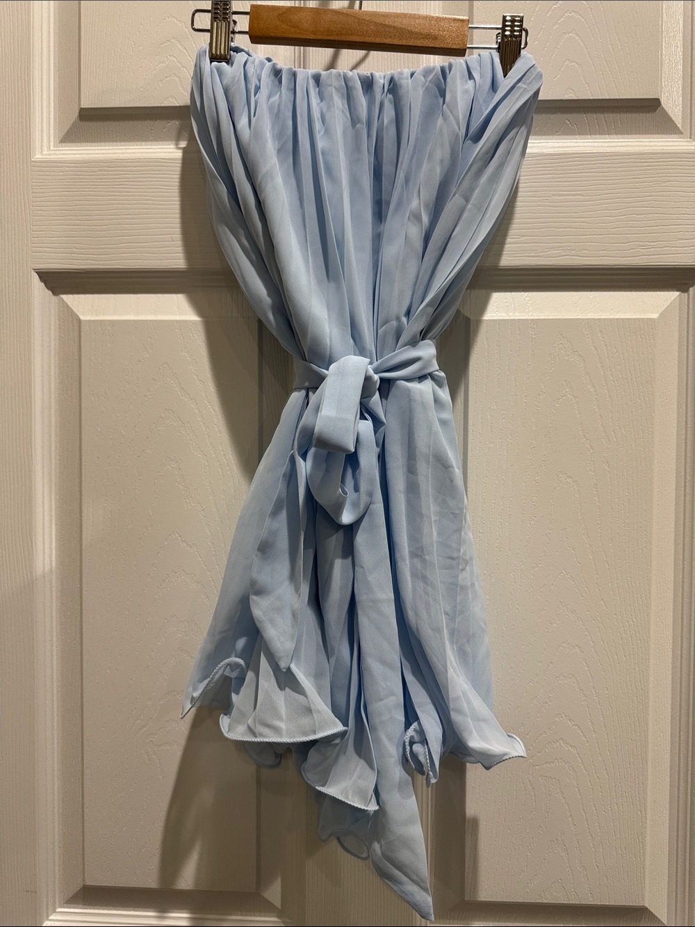 Light Blue Pleated Strapless Tie-Waist Dress